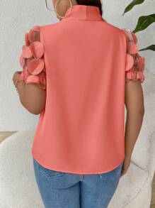 Elenzga Plus Size Women Elegant Casual Sleeve Contrast Mesh Blouse - Orange - View 2