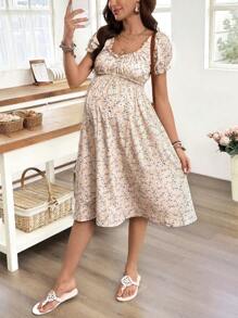 SHEIN Robe mi-longue décontractée avec manches courtes froncées et imprimé pour femmes enceintes - Multicolore - View 3