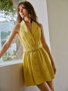 MOTF STUDIO Vestido corto sin mangas abotonado con cinturón y hebilla de cuello pico - Amarillo - Ver 3