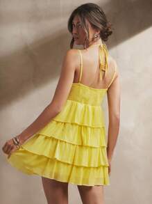 L'Amorae Women's Elegant Double Strap Sleeveless Tie Front Tiered Ruffle Flowy Yellow Mini Dress, Summer Outfits For Women, Beach Outfits For Women, 4th Of July Outfits - Yellow - View 1