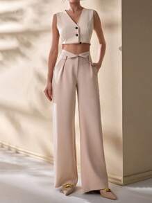 CLARA VERO Tall Black Slit Waist Straight Pants - Krem - View 6
