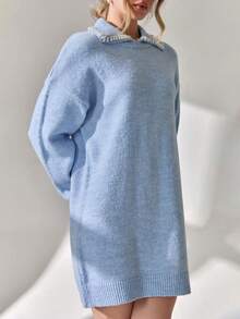 EURMUSE Woman Soft Winter Sweater Dress With Pearls Detailed - Baby Blue - View 7