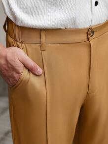 Manfinity Homme Quần âu nam ống đứng thiết kế sọc tăm màu trơn cho nam Quần âu nam Quần âu nam Quần âu nam Quần âu nam - Màu Khaki - Xem 4