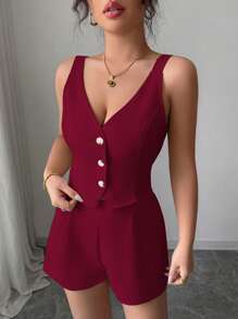 Chiquease Conjunto de 2 piezas para mujer compuesto por blusa top con abertura y botones delanteros en color liso estilo minimalista y casual + pantalones cortos
