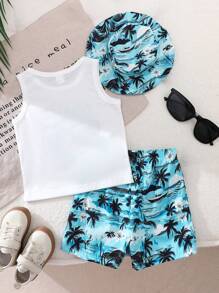 SHEIN Playful Pals 男童三件套夏季沙滩套装 - 白色无袖背心 + “夏日时光”热带棕榈树印花短裤 + 同款遮阳帽。4-7岁男童沙滩装，适合海滩、泳池和度假的户外服装 - 藍色 - 查看 3