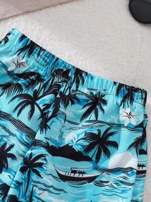 SHEIN Playful Pals 男童三件套夏季沙滩套装 - 白色无袖背心 + “夏日时光”热带棕榈树印花短裤 + 同款遮阳帽。4-7岁男童沙滩装，适合海滩、泳池和度假的户外服装 - 藍色 - 查看 4