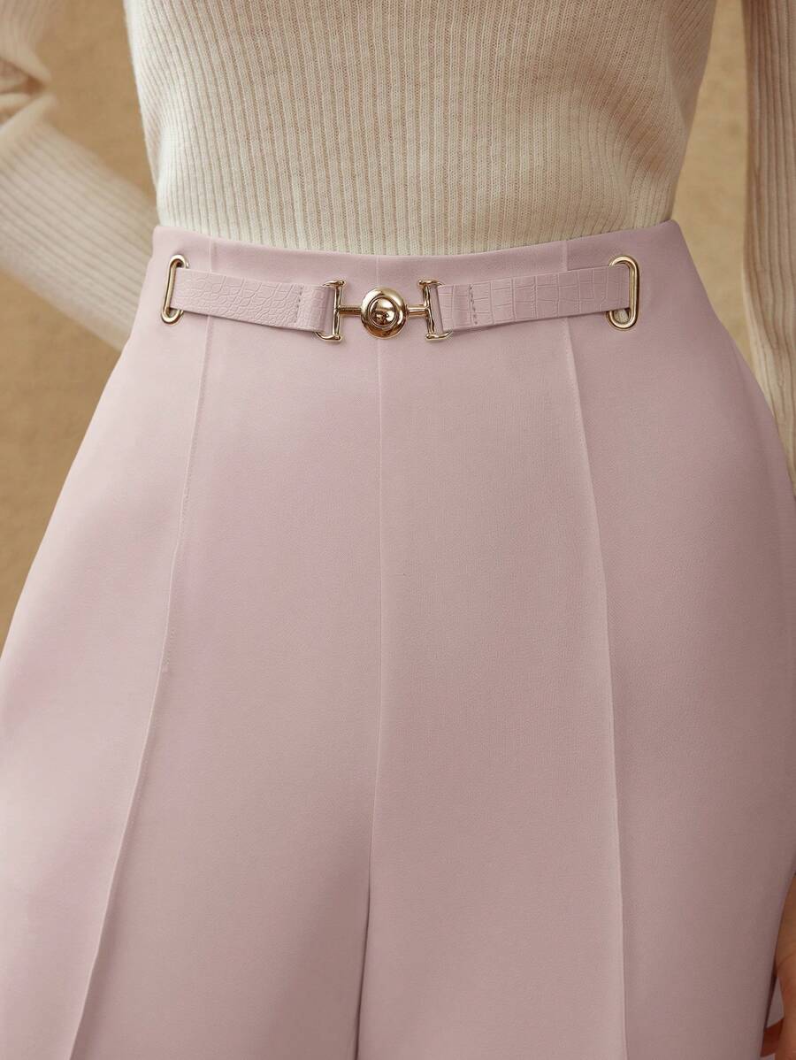 MOTF PREMIUM PU METAL BUCKLE DECOR PINTUCK SUIT PANTS - Pink - View 2