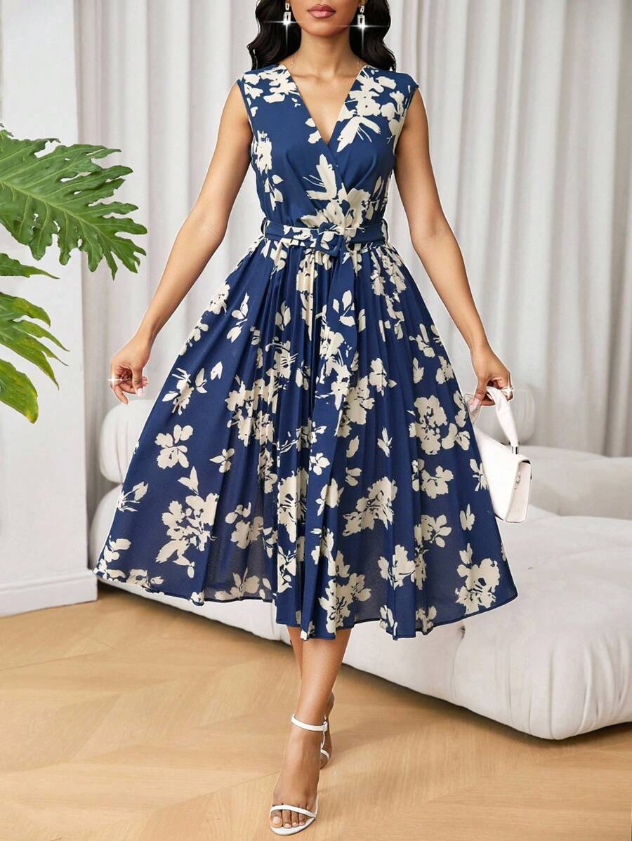 SHEIN Unity 通勤简约花卉印花百褶下摆女式连衣裙