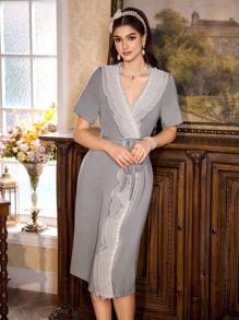 PalaceNights 女士V领蕾丝边宽松系腰短袖睡衣浴袍 - 霧霾藍 - 查看 6