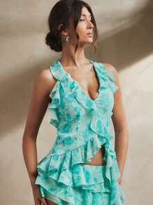 L'Amorae Women Floral Print Texture Chiffon Summer Ruffle Top Fairycore Spring Summer Vacation Festival Party Ibiza