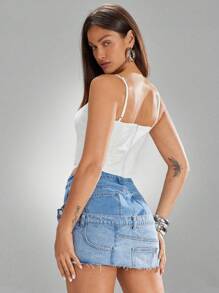 Denimoi Áo corset cổ tròn viền cao thấp - trắng - Xem 5