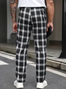 Manfinity CasualCool Men Plaid Straight Loose Casual Pants With Pockets, Versatile,Men Checkered Pencil, Form-Fitting Trousers, Versatile Items, Daily Commuting, Vacation, Travel, Boyfriend, Husband, Friend Gifts, Streetwear, Travel, Daily Wear, Fall - Black and White - View 2