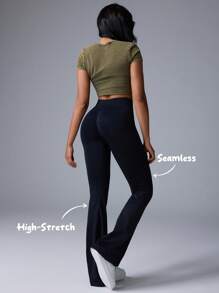 Fluxe Movishi Seamless & High Stretch Solid Color High Waisted Tight Fit Flared Knit Leggings - Black - View 3