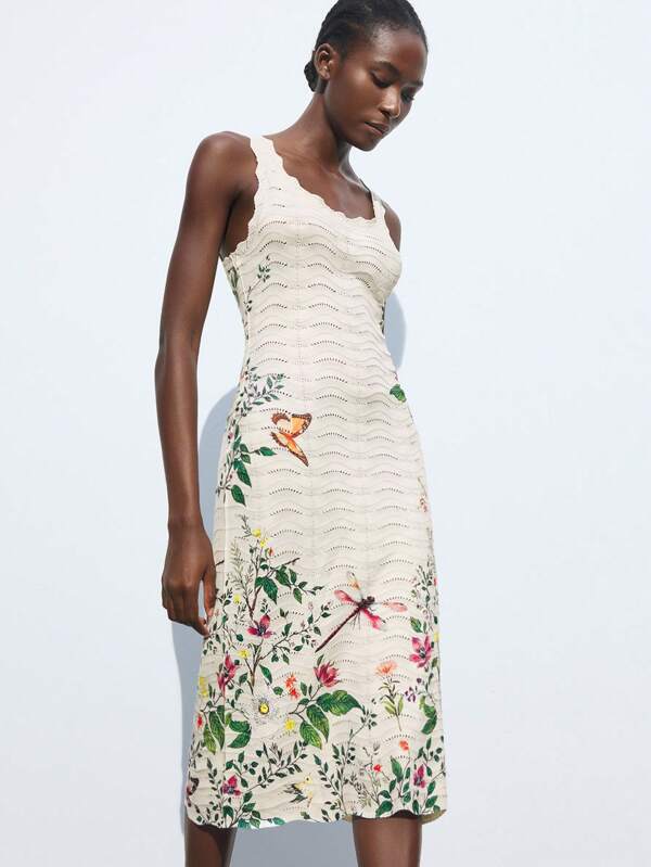 Maija Women's Crochet Floral & Dragonfly Print Sleeveless Knitted Summer Dress Garden Party Dress Floral Print Dress Jacquard Dress 3d Floral Dress Going Out Dress