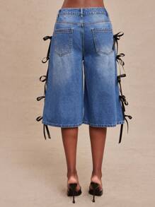 NYA SZN Weite Jeans-Shorts, Jorts, Baggy, Oversized, Denimhose ohne Stretch, Hose mit Schleife, Arbeitskleidung, Lässig, Klassisch, Dezent, Alltag, Ausgehen, Urlaub, Sommer für Frauen