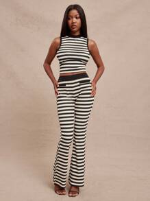 NYA SZN Striped Knit Sleeveless Mod Modest Comfortable Music Tank Top For Women - Black - View 3