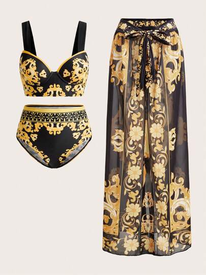 Swim Oasis Dam Sommarstrand Barock Mönster Sexig Bikini Baddräkt Set Med Strandkjol