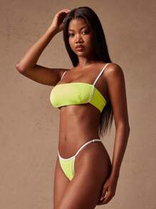 SHEIN Unity Top de bikini de mujer con corte de color block, traje de baño para vacaciones/playa - Verde - Ver 5