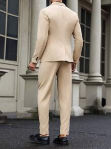 Calvornis Men 2pcs Solid Color Double Breasted Suit Set, Including Long Sleeve Blazer Jacket And Pocket Trousers - Khaki - View 2