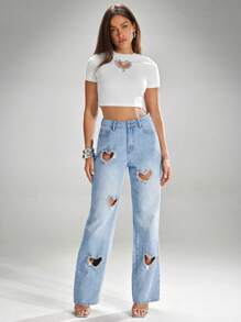 Denimoi Jeans rectos de tiro alto con corte de corazón de rhinestones - Lavado ligero - Ver 3