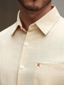 Manfinity CasualCool 男士纯色单排扣口袋短袖休闲衬衫，夏季 - 杏色 - 查看 5