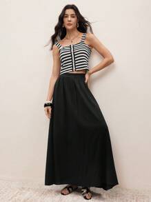 Modelyn Set de 2 piezas Chaleco y falda de punto a rayas de estilo casual de vacaciones para mujer, ropa de verano para mujeres - Blanco y Negro - Ver 3