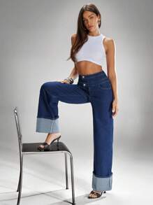 Denimoi High Rise Stacked Waist Cuffed Wide Leg Denim Jeans - Dark Wash - View 5