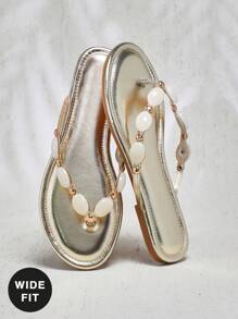 SHUZIA 宽版女士时尚休闲舒适 Thone 平底凉鞋，带彩色宝石装饰 - 朋克时尚、前卫 &