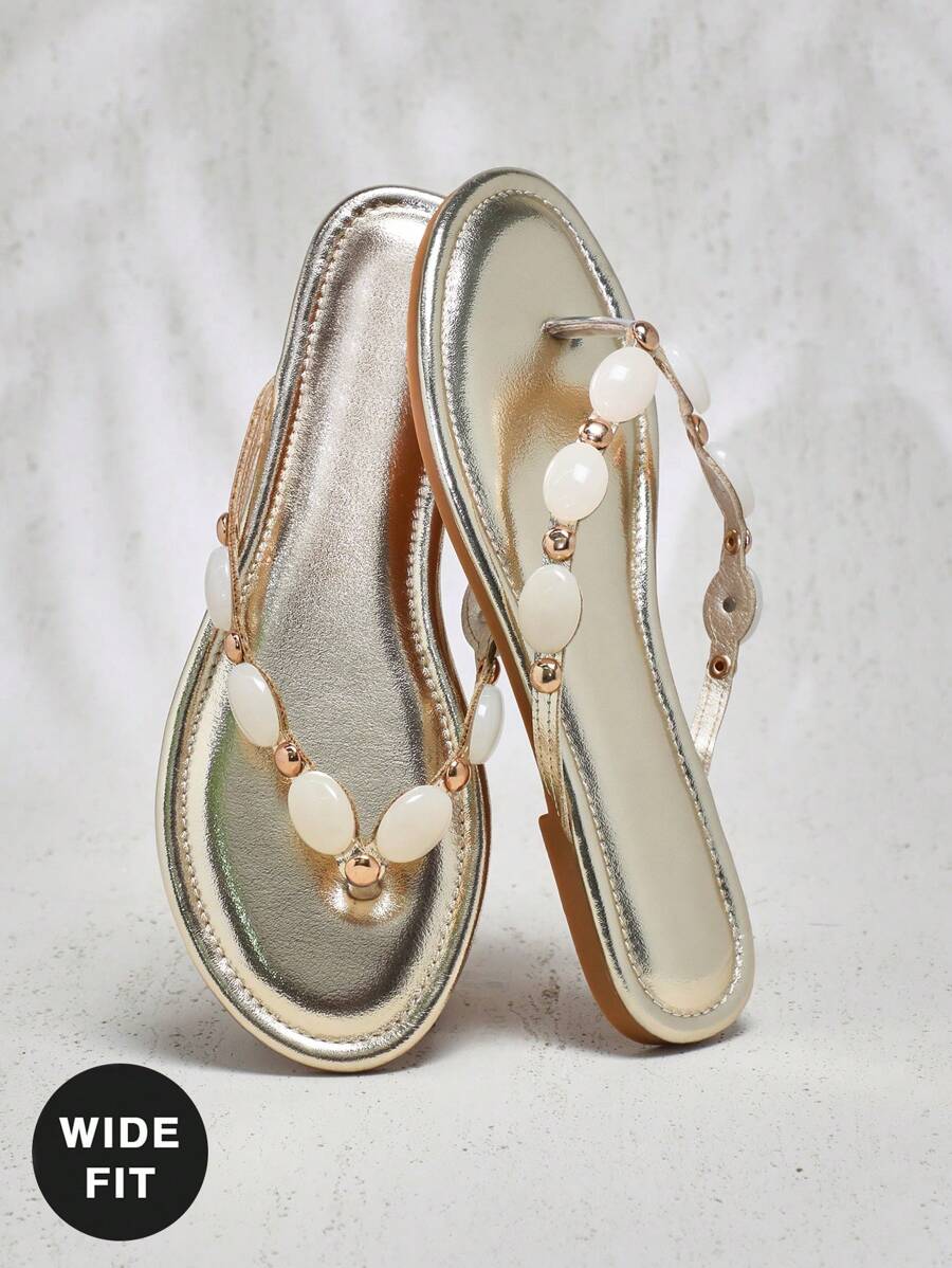 SHUZIA 宽版女士时尚休闲舒适 Thone 平底凉鞋，带彩色宝石装饰 - 朋克时尚、前卫 &