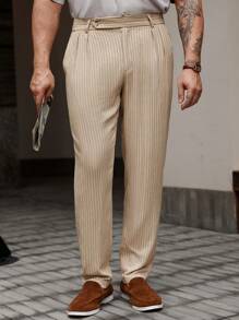 Manfinity Homme 男士条纹百褶直筒宽松休闲裤 - 米色 - 查看 5