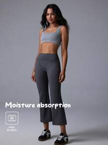 Fluxe Movishi Moisture Absorption & High Stretch Solid Color Elastic Waist Flare Leg Casual Leggings, Versatile Base Pants - Grey - View 1