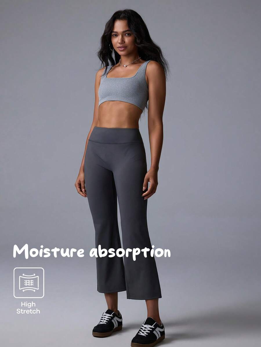 Fluxe Movishi Moisture Absorption & High Stretch Solid Color Elastic Waist Flare Leg Casual Leggings, Versatile Base Pants - Grey - View 1
