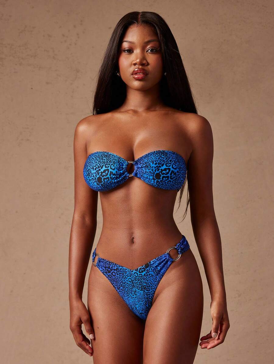 SHEIN Unity Women's Summer Vacation Beach Leopard Print Bikini Bottom - Blue - View 1