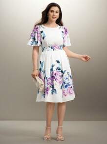 SHEIN Clasi 大码女式优雅花卉印花连衣裙配腰带，适合春夏季度假 - 白色 - 查看 4