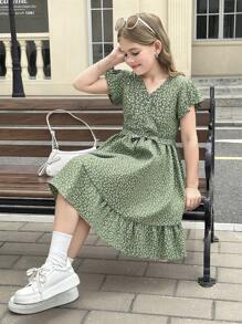 SHEIN Tween Girls' Casual Green Ditsy Floral V-Neck Ruffle Sleeve A-Line Short Sleeve Dress With Belt - Green - View 5