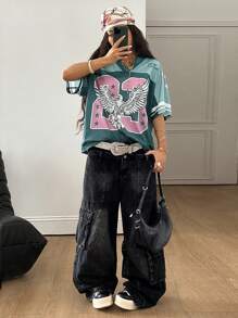 SHEIN Coolane 女式夏季 Y2K 街头风格复古透气网眼图案足球 T 恤 - 綠色 - 查看 5