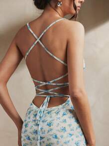 L'Amorae Women Ditsy Mesh Print Maxi Dress With Lace Up Back Detail Summer Vacation Simple Casual