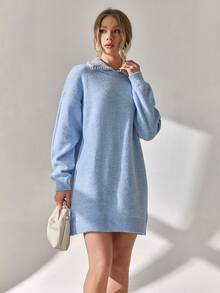 EURMUSE Woman Soft Winter Sweater Dress With Pearls Detailed - Baby Blue - View 4