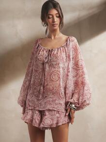 L'Amorae Women's Paisley Printed Chiffon Raglan Sleeve Peasant Blouse, Casual, Summer, Easy To Wear, Elegant