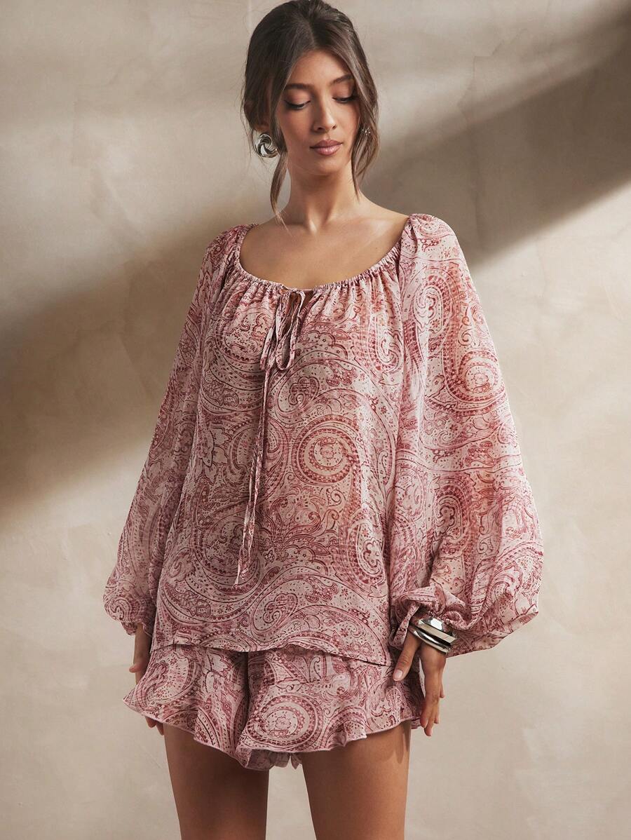 L'Amorae Women's Paisley Printed Chiffon Raglan Sleeve Peasant Blouse, Casual, Summer, Easy To Wear, Elegant