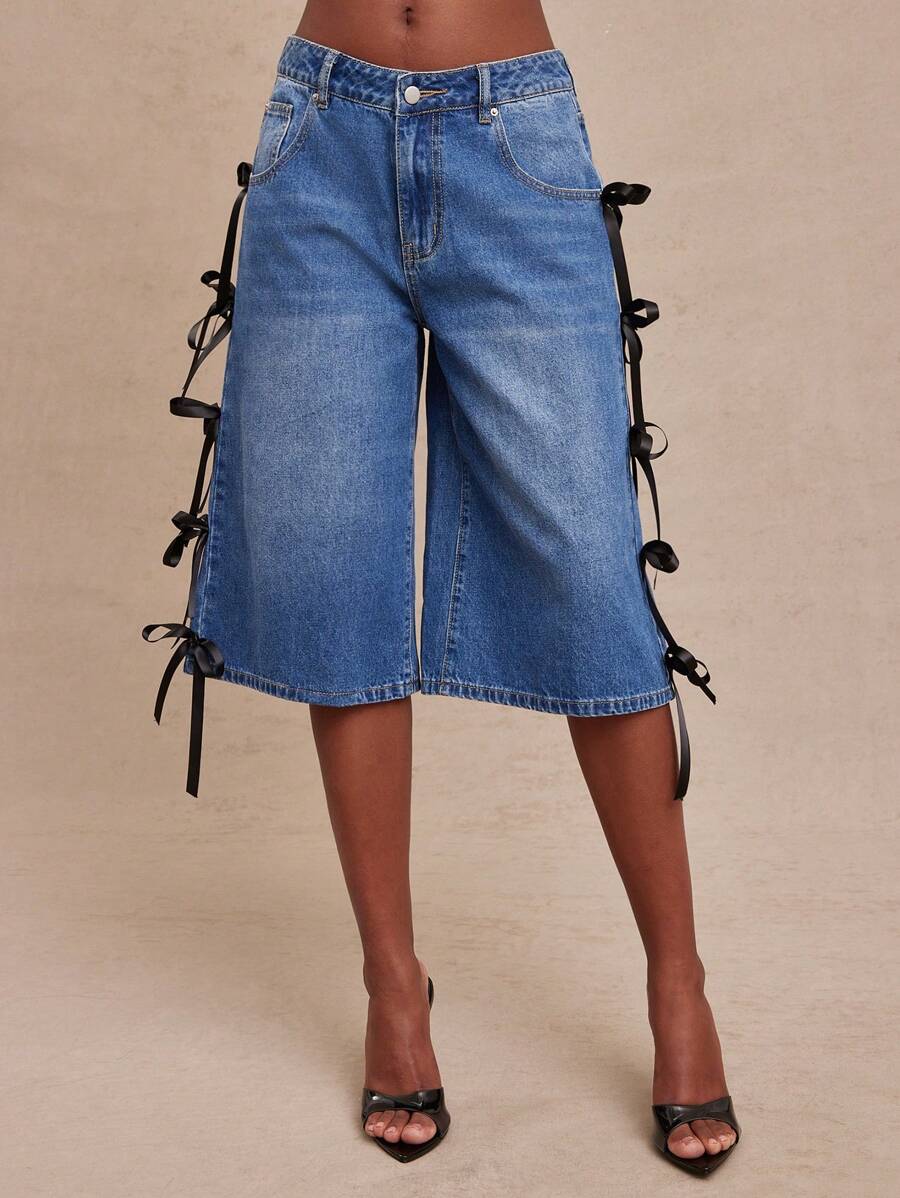 NYA SZN Weite Jeans-Shorts, Jorts, Baggy, Oversized, Denimhose ohne Stretch, Hose mit Schleife, Arbeitskleidung, Lässig, Klassisch, Dezent, Alltag, Ausgehen, Urlaub, Sommer für Frauen