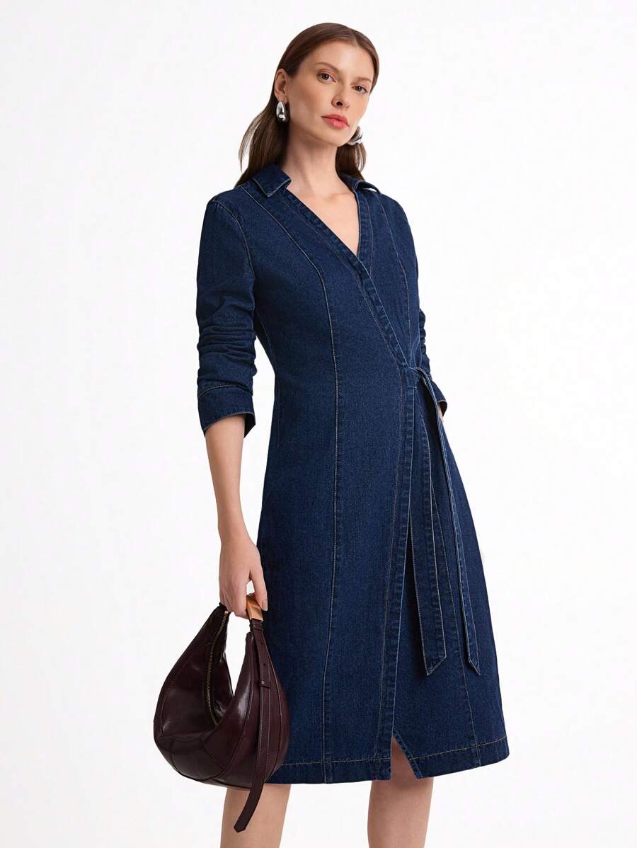 Daynim Women Casual Long Sleeve Asymmetrical Denim Dress - Dark Wash - View 1