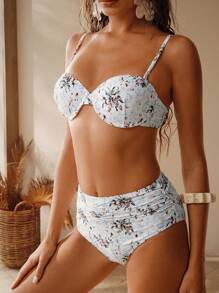 Anewsta Women's Fashion Random Print Off-Shoulder Wire Rim Bust Lift Tankini Swimsuit Set For Summer Beach Vacation - White - View 4