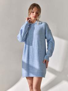 EURMUSE Woman Soft Winter Sweater Dress With Pearls Detailed - Baby Blue - View 1