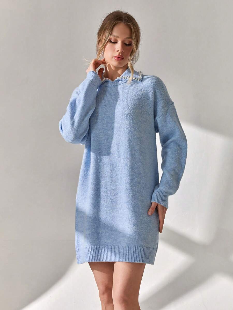 EURMUSE Woman Soft Winter Sweater Dress With Pearls Detailed - Baby Blue - View 1