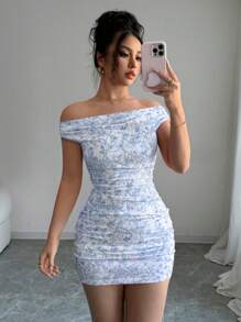 Selianne 夏季新款性感度假露肩花卉荷叶边迷你连衣裙，女士粉色 - 藍色 - 查看 7