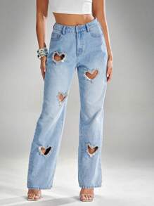 Denimoi Jeans rectos de tiro alto con corte de corazón de rhinestones - Lavado ligero - Ver 1