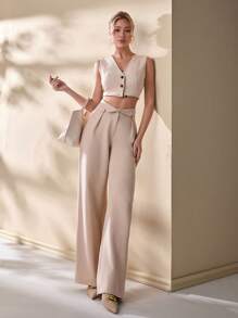 CLARA VERO Tall Black Slit Waist Straight Pants - Krem - View 7