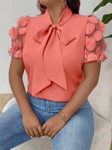 Elenzga Plus Size Women Elegant Casual Sleeve Contrast Mesh Blouse - Orange - View 1