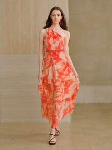 MOTF PREMIUM CHIFFON ALLOVER PRINT ONE SHOULDER LAYERED RUFFLE HEM LONG DRESS - Multicolor - View 5